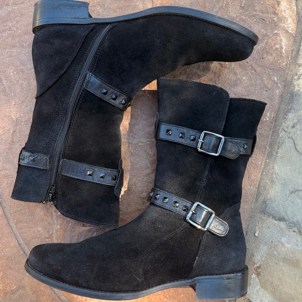 Sesto‎ Meucci Women's 9.5 Black Suede Moto Ankle Boots Studded Buckle Italy